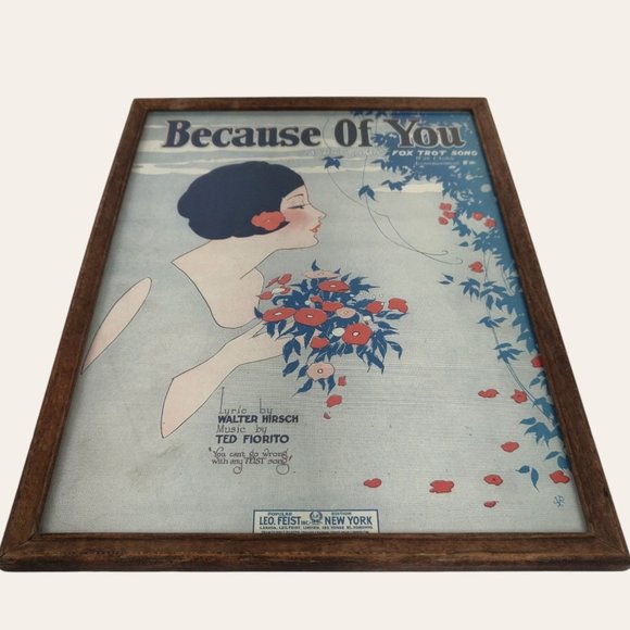 Vintage 1925 Because of You Sheet Music Frame Art Deco Print Flapper Fox Trot Hi - Picture 5 of 9